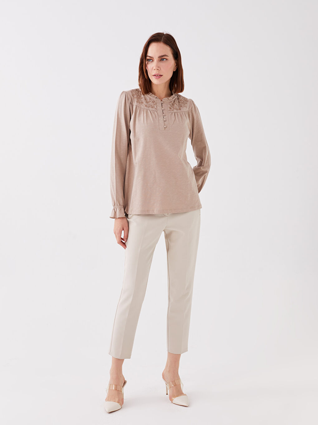 Crew Neck Printed Long Sleeve Women's Blouse-2