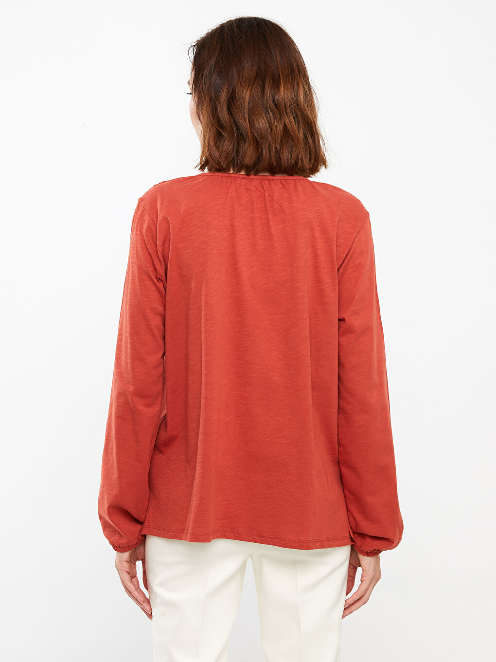 Turuncu Bisiklet Yaka Nakışlı Uzun Kollu Kadın Bluz-4