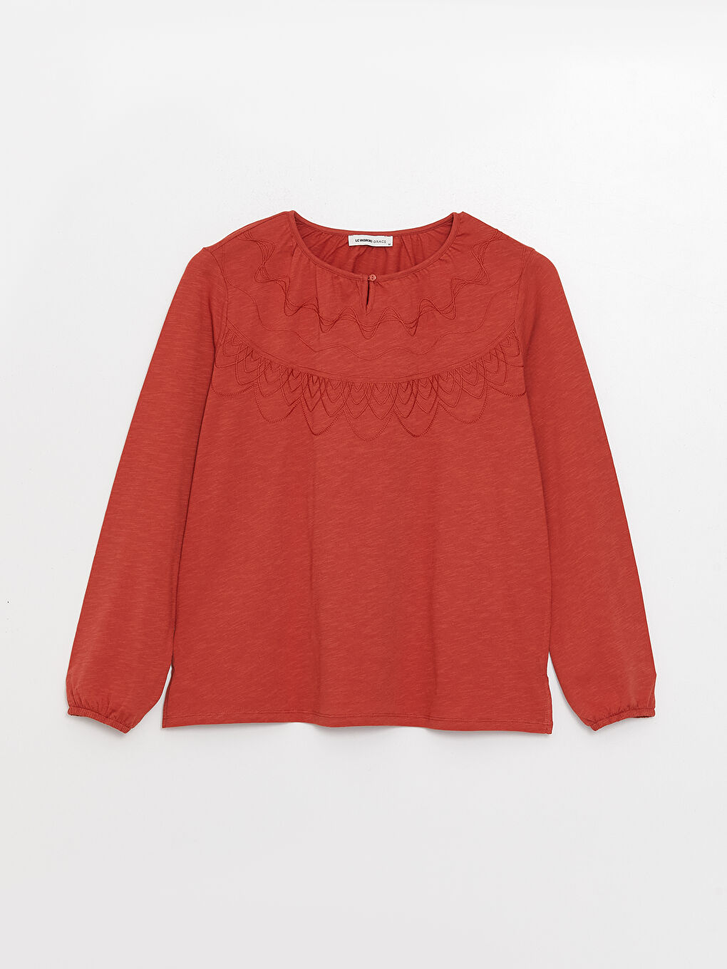 Turuncu Bisiklet Yaka Nakışlı Uzun Kollu Kadın Bluz-5