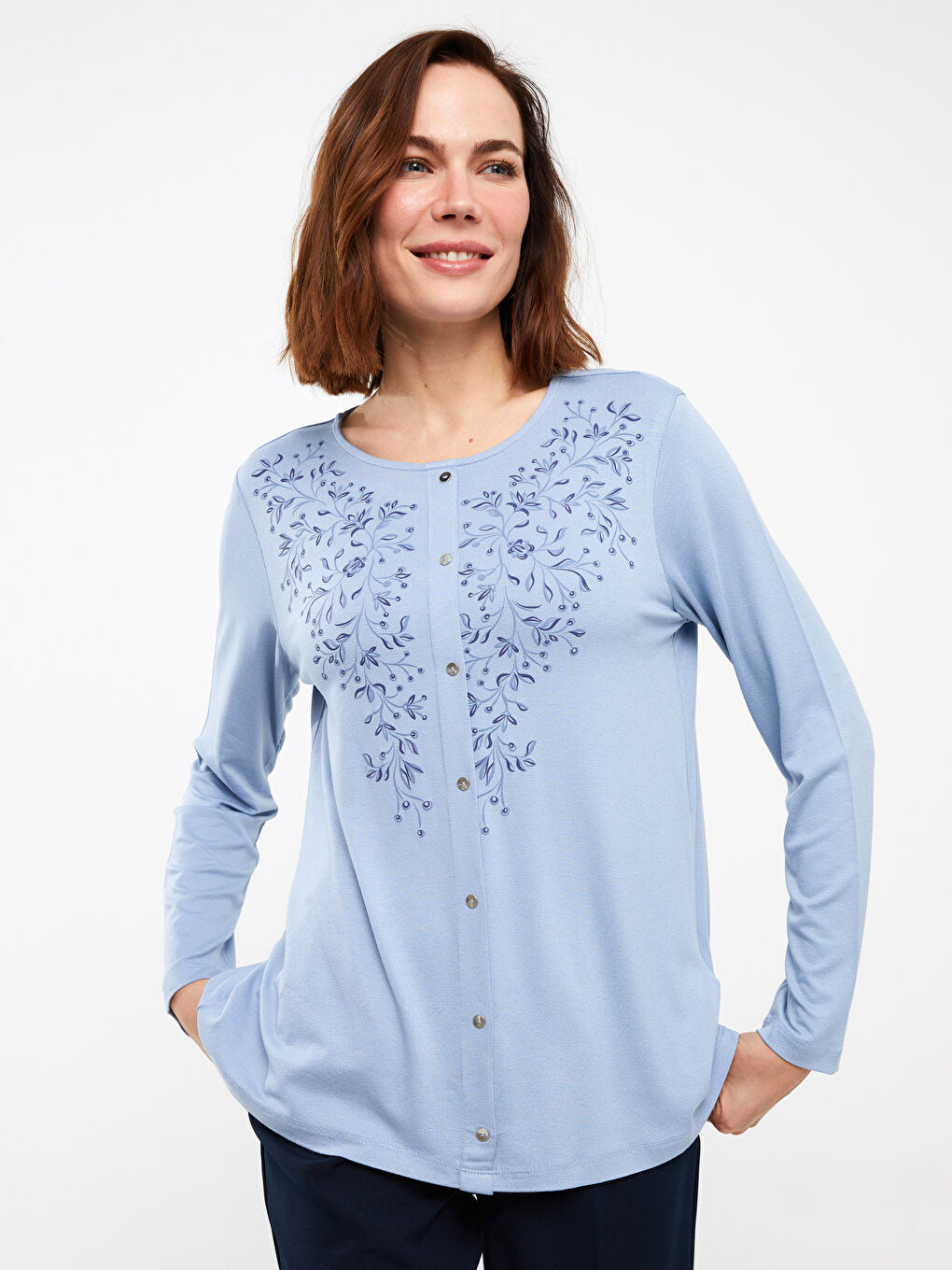 Mavi Bisiklet Yaka Desenli Uzun Kollu Kadın Bluz