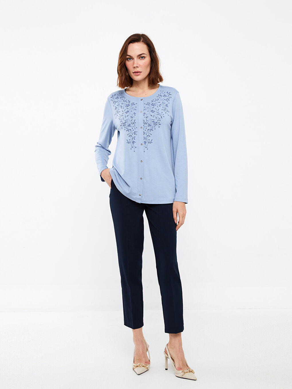 Mavi Bisiklet Yaka Desenli Uzun Kollu Kadın Bluz-1