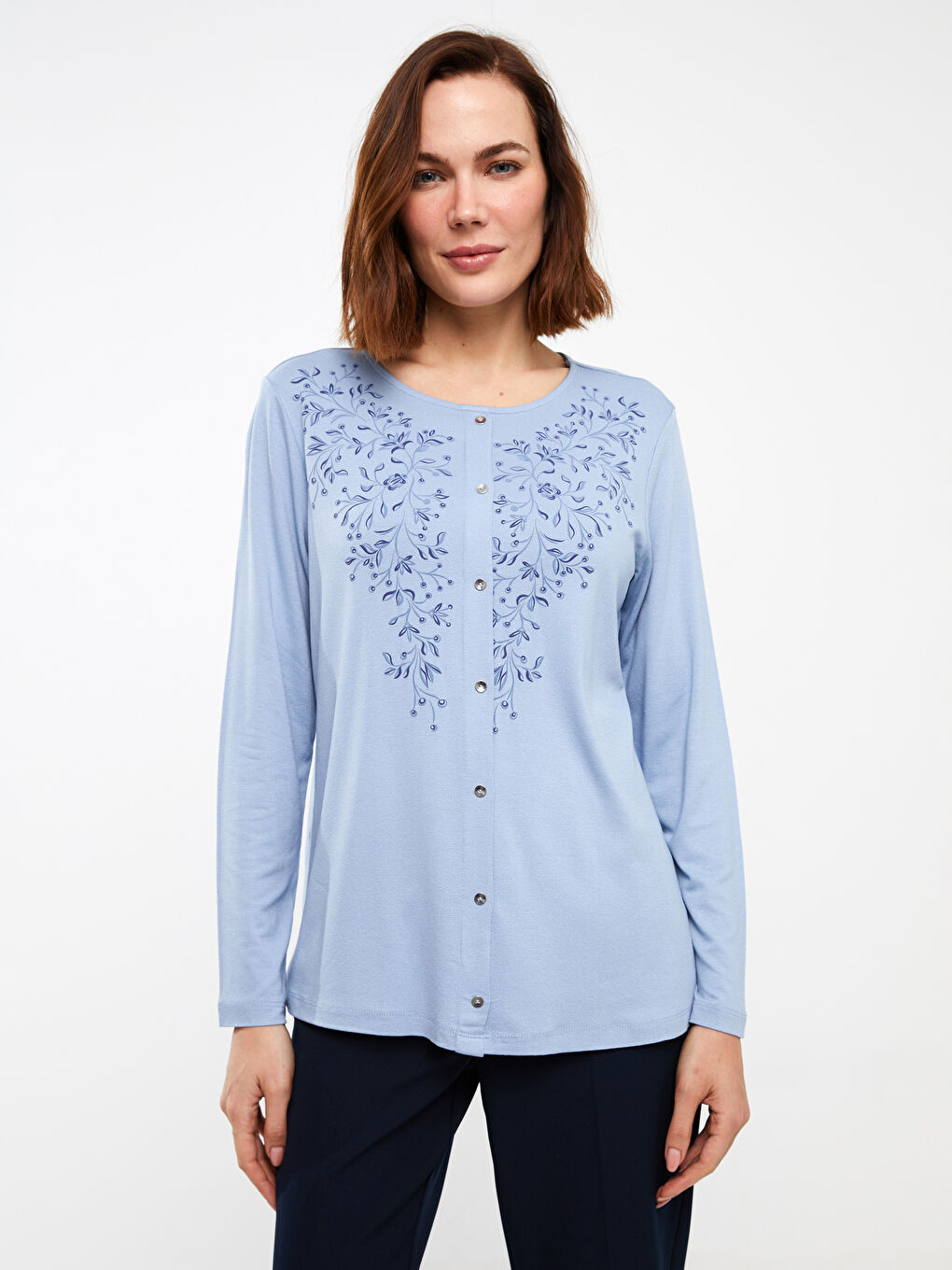 Mavi Bisiklet Yaka Desenli Uzun Kollu Kadın Bluz-2