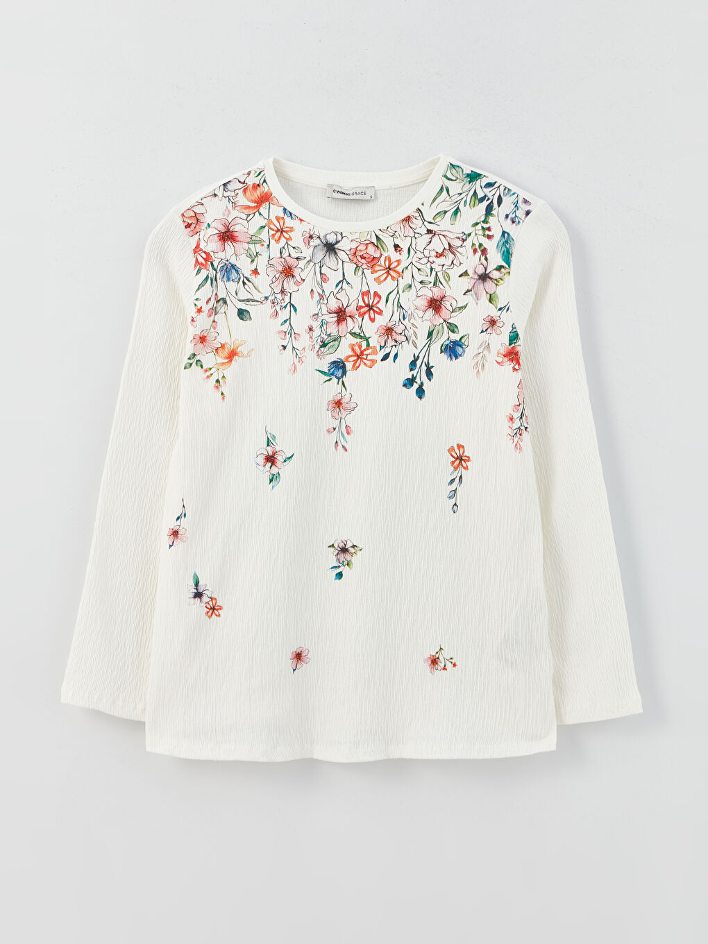 Ekru Bisiklet Yaka Çiçekli Uzun Kollu Kadın Tişört-5