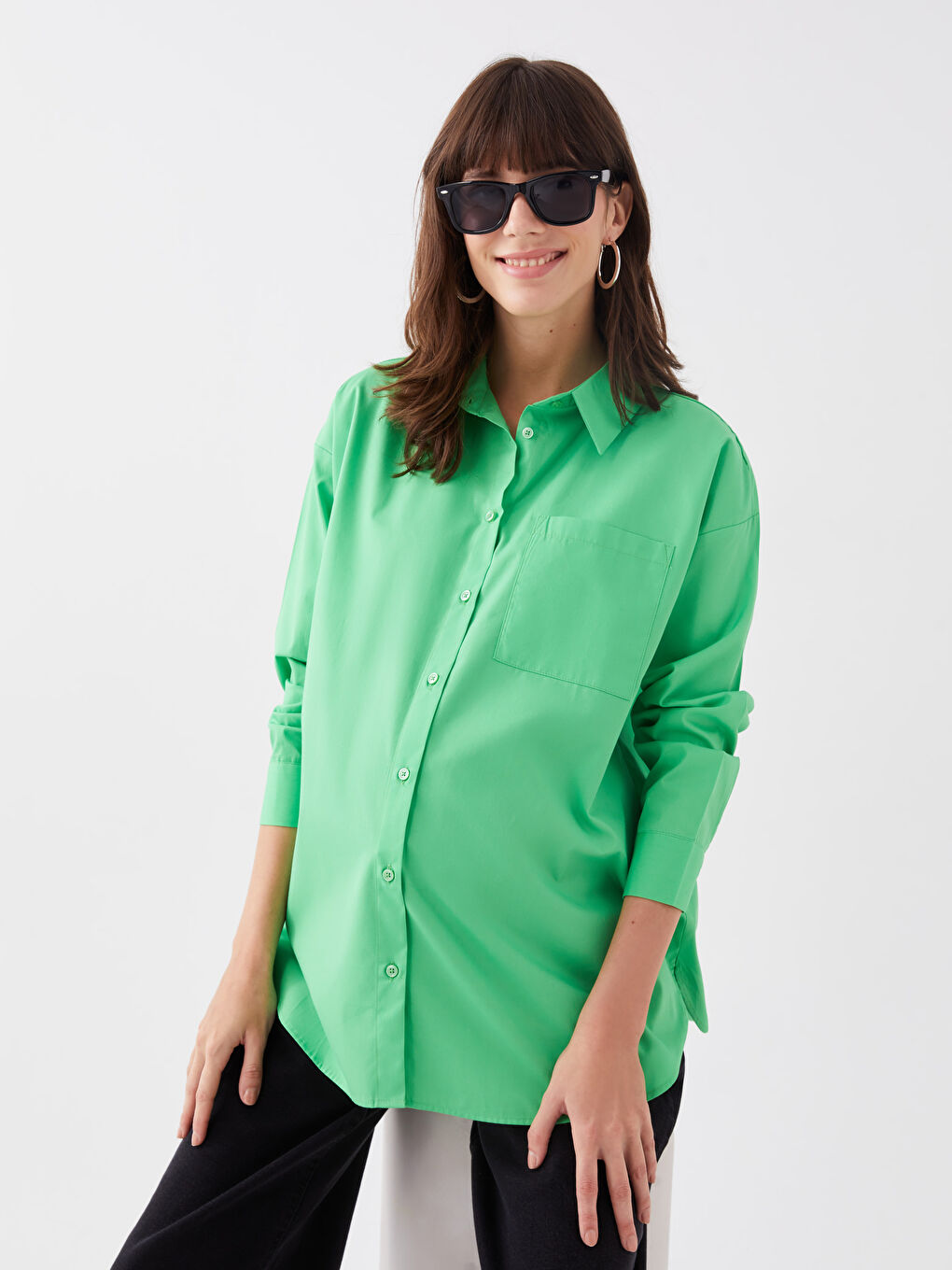 Shirt Collar Plain Long Sleeve Poplin Maternity Shirt -S3HQ94Z8-GKJ