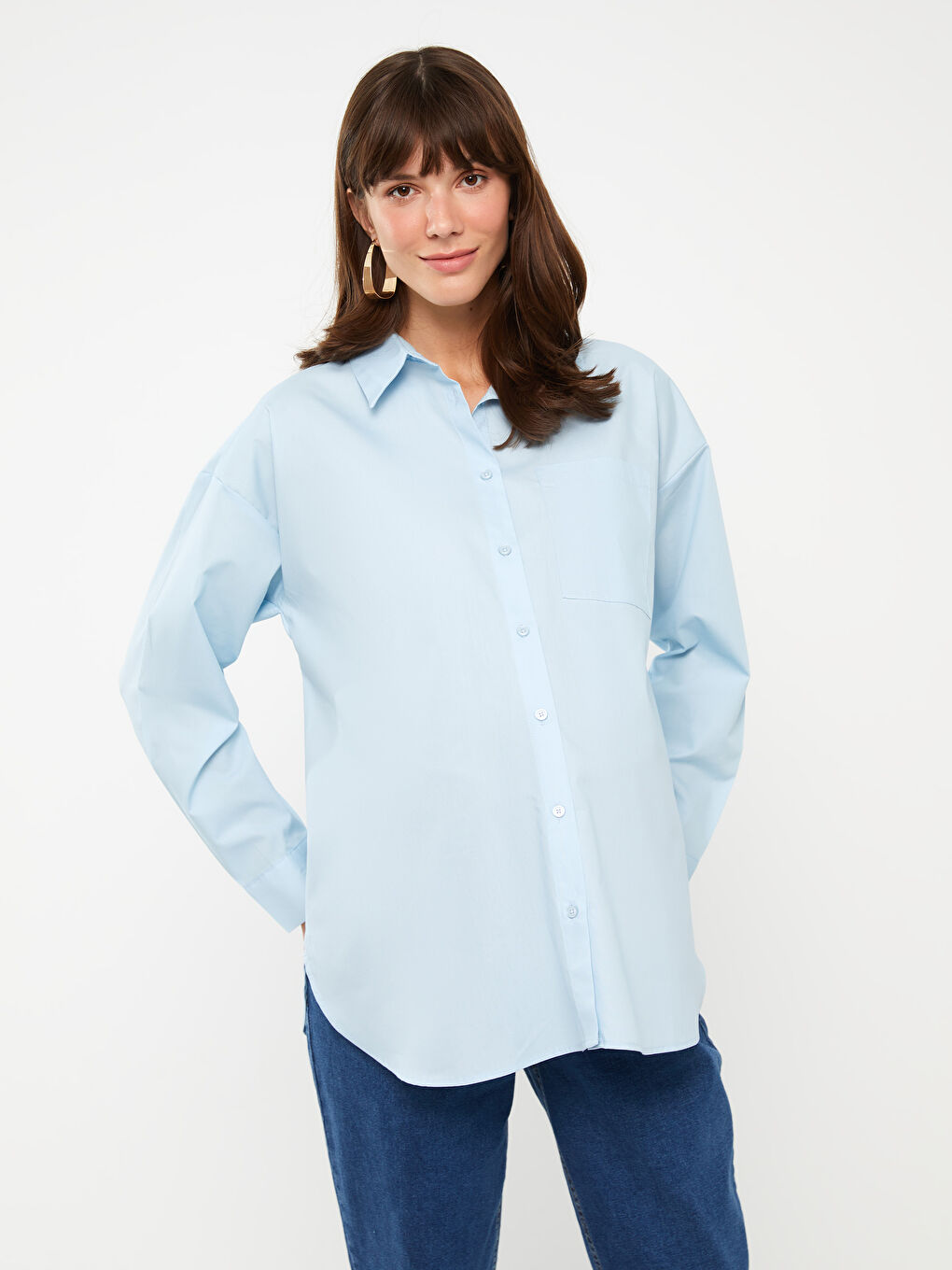 Shirt Collar Plain Long Sleeve Poplin Maternity Shirt -S3HQ94Z8-QXL