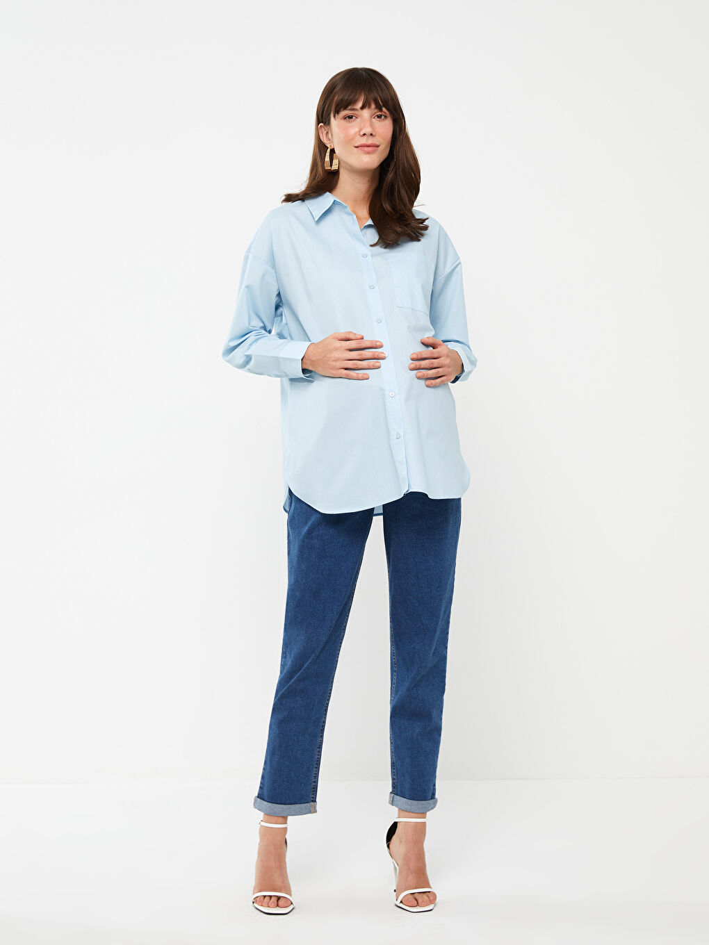 Shirt Collar Plain Long Sleeve Poplin Maternity Shirt -S3HQ94Z8-QXL