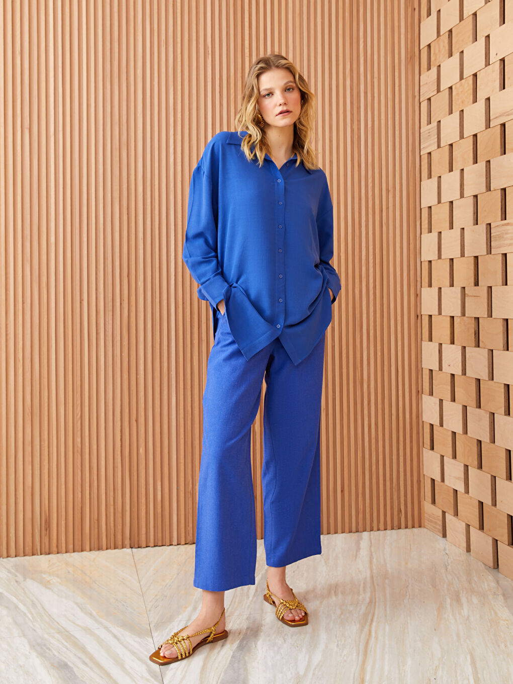 Mavi Beli Lastikli Rahat Kalıp Kadın Pantolon