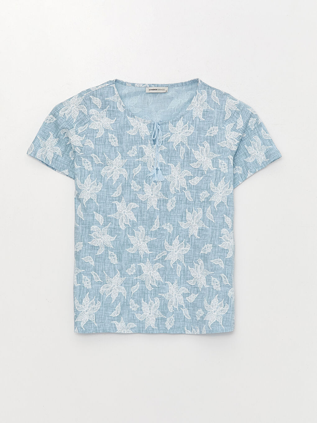 Mavi Bağlamalı Yaka Desenli Kısa Kollu Kadın Bluz-5