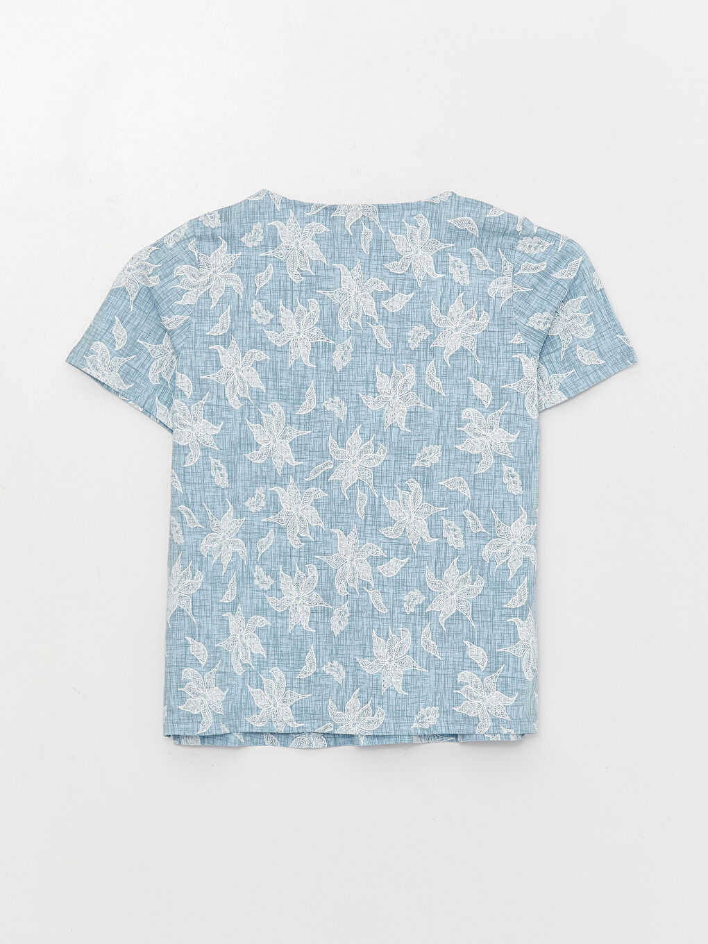 Mavi Bağlamalı Yaka Desenli Kısa Kollu Kadın Bluz-6