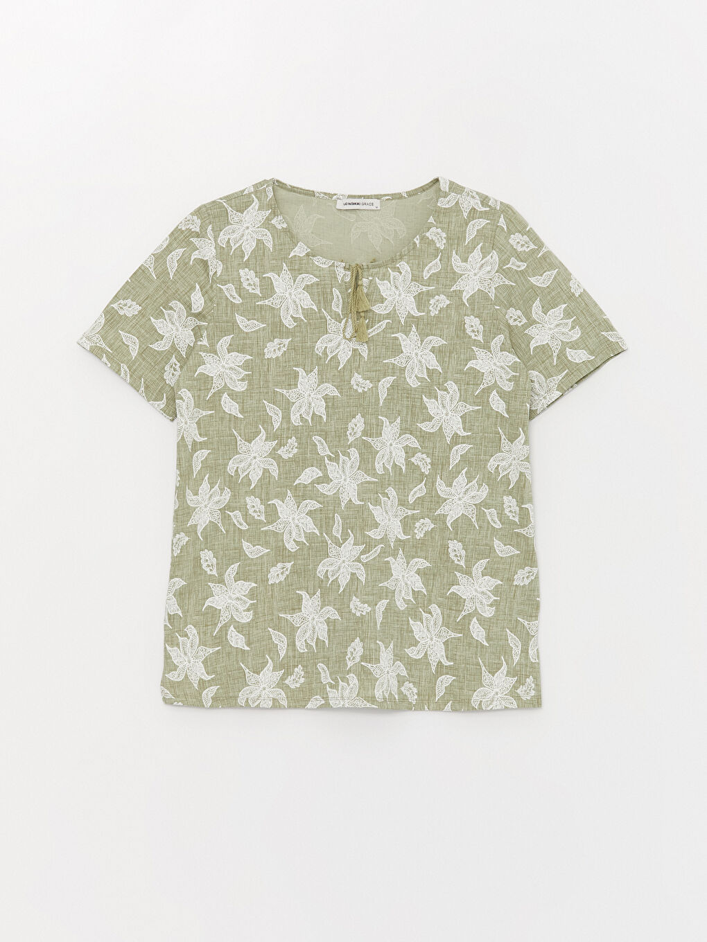 Yeşil Bağlamalı Yaka Desenli Kısa Kollu Kadın Bluz-5