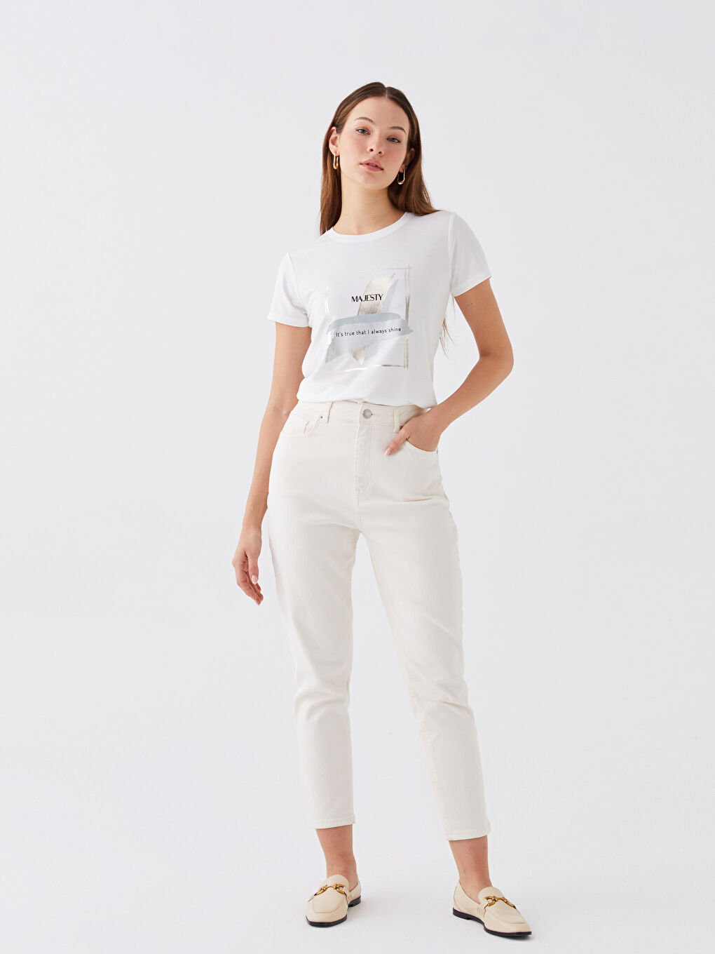 Ekru Bisiklet Yaka Baskılı Kısa Kollu Kadın Tişört-1