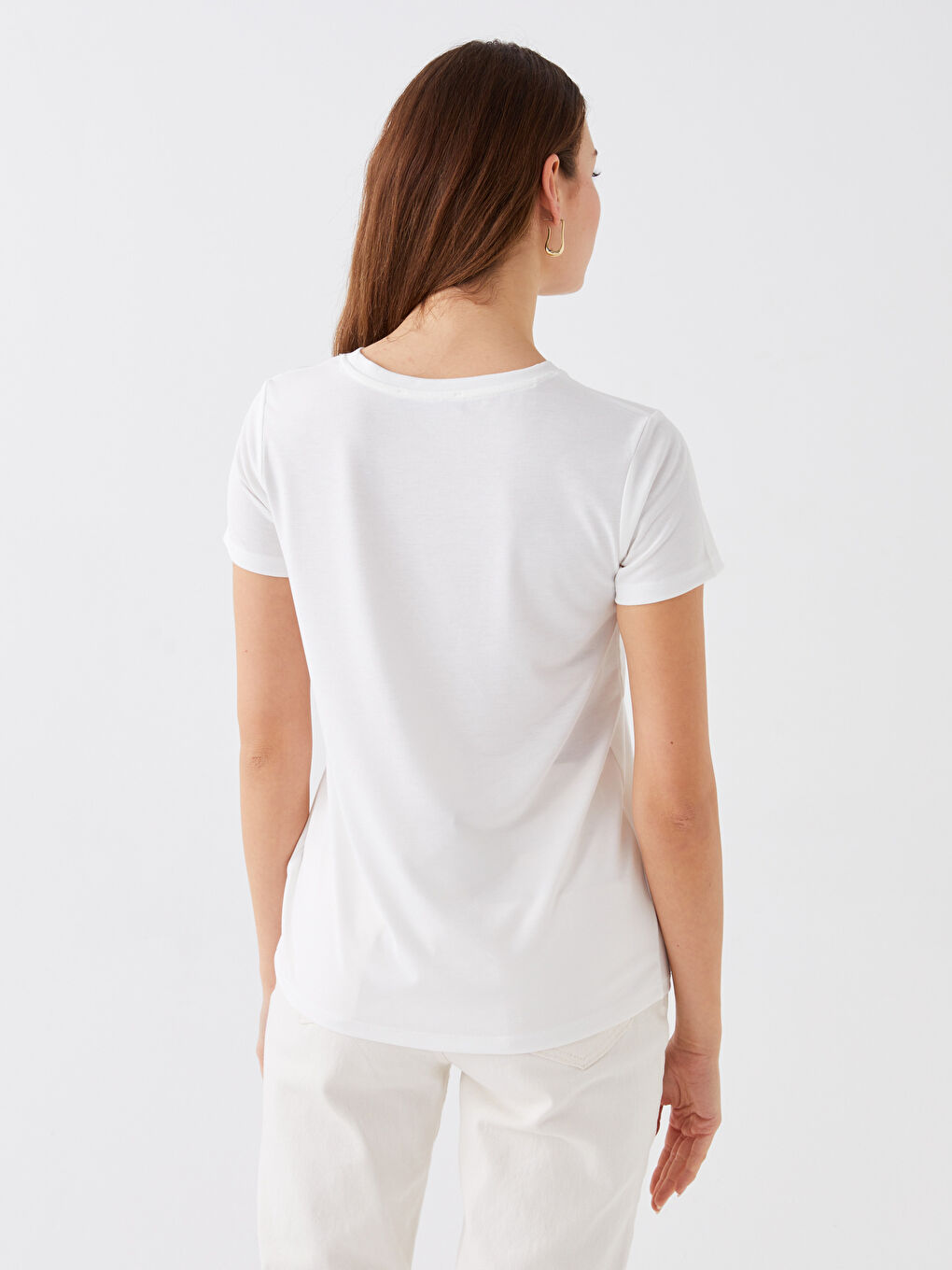 Ekru Bisiklet Yaka Baskılı Kısa Kollu Kadın Tişört-4