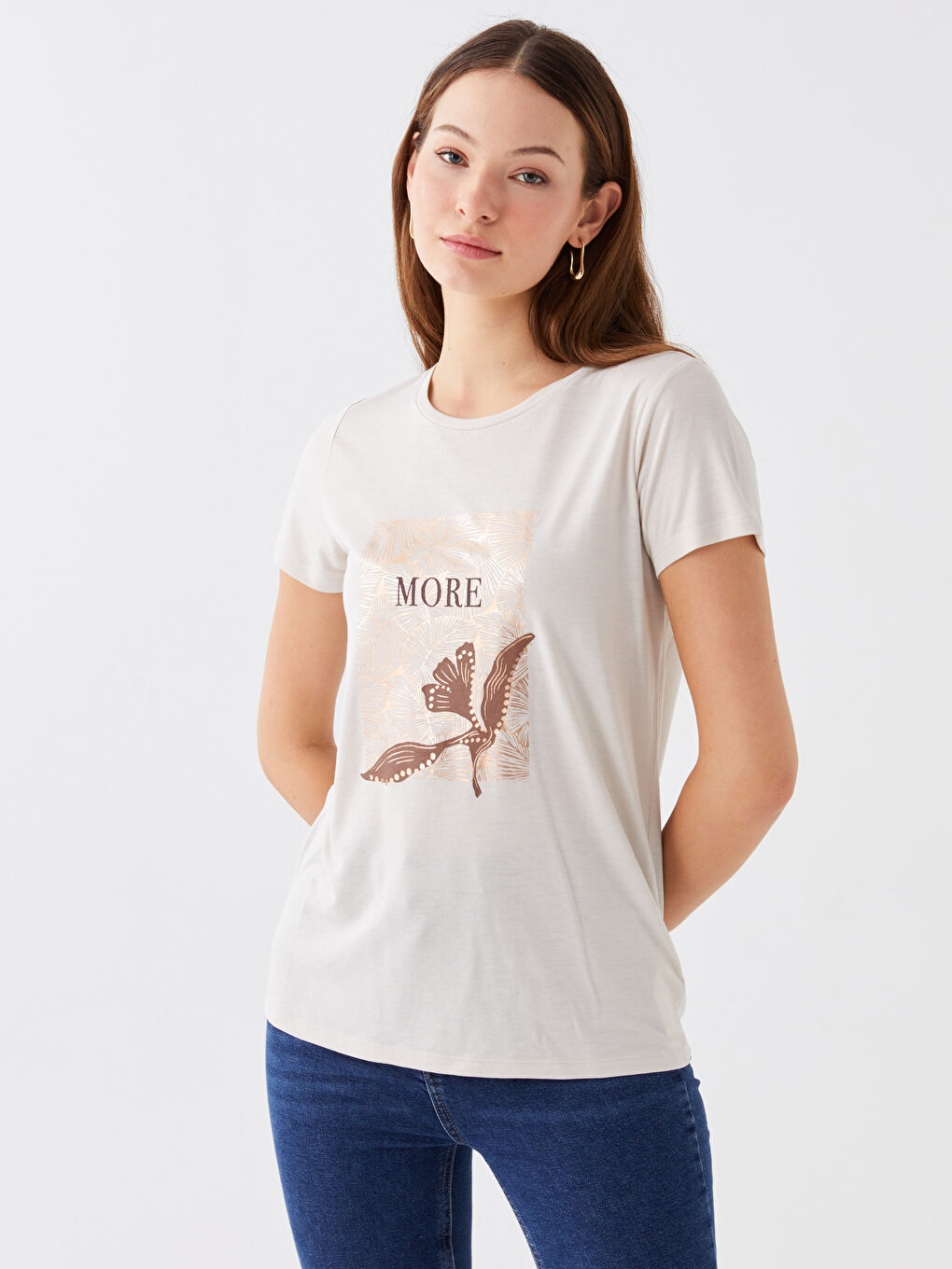 Gri Bisiklet Yaka Baskılı Kısa Kollu Kadın Tişört