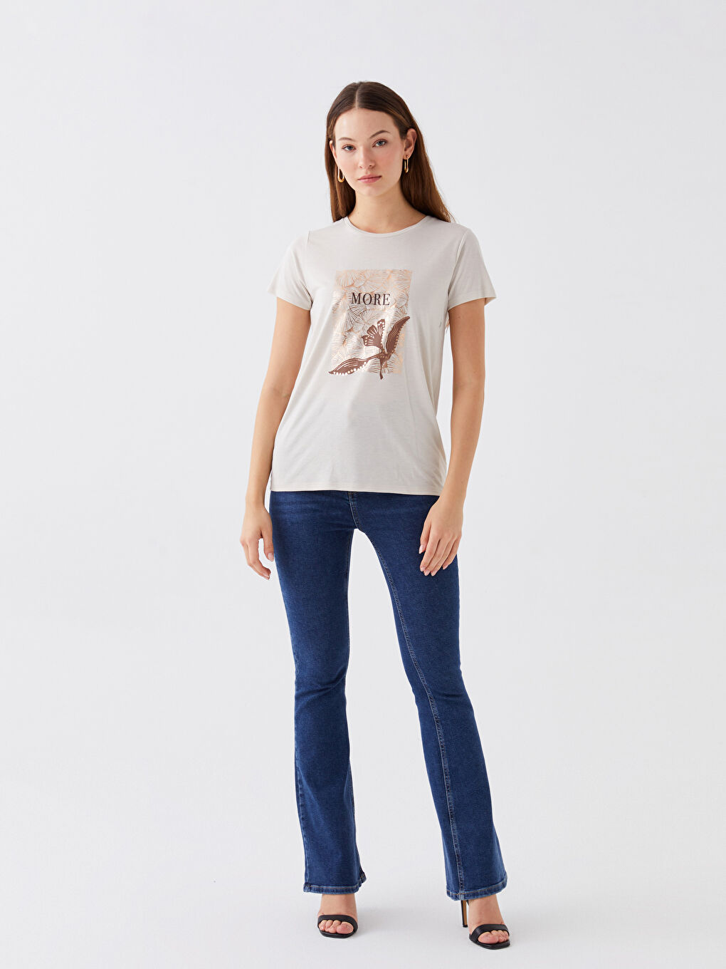 Gri Bisiklet Yaka Baskılı Kısa Kollu Kadın Tişört-1