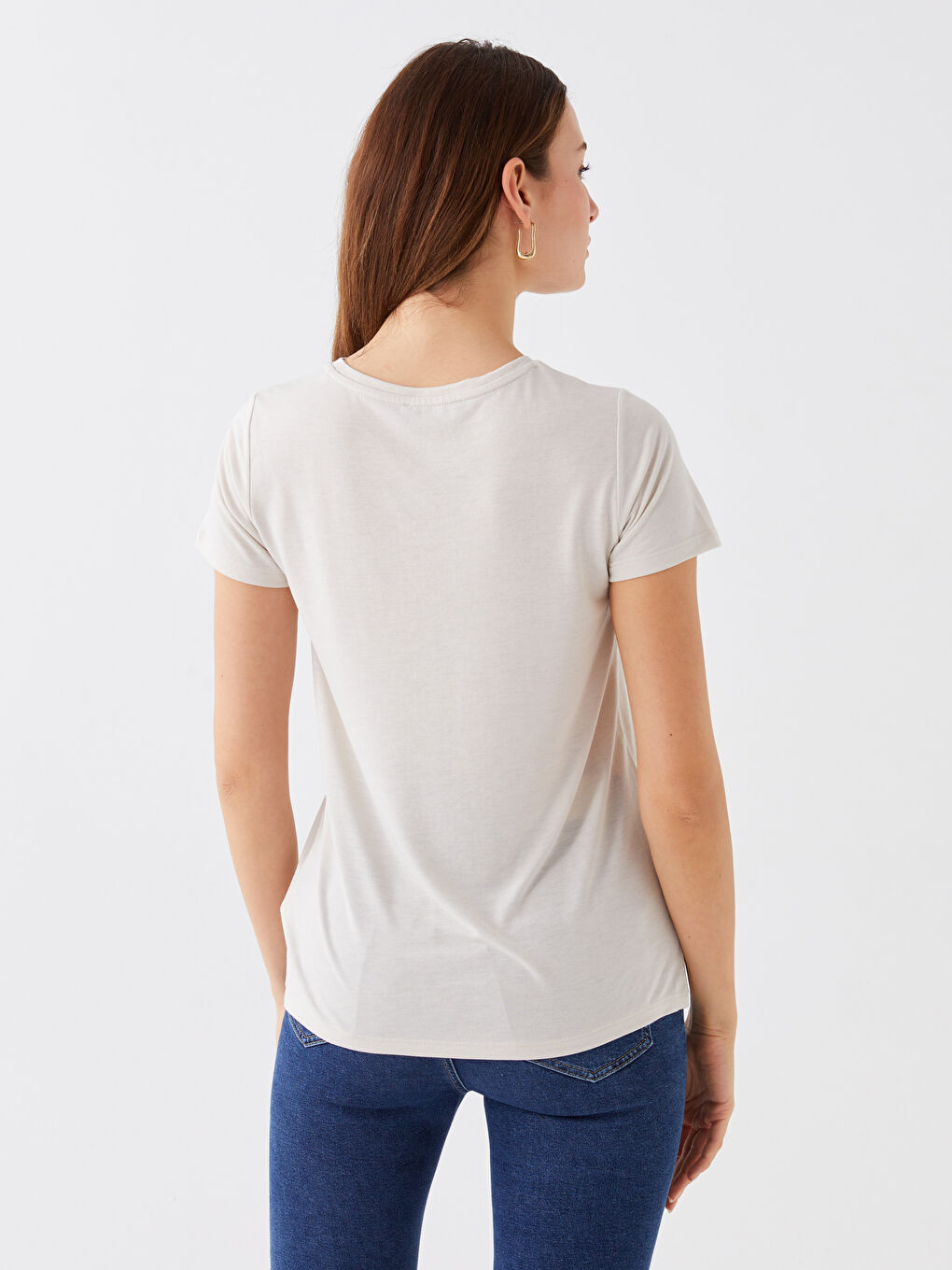 Gri Bisiklet Yaka Baskılı Kısa Kollu Kadın Tişört-4