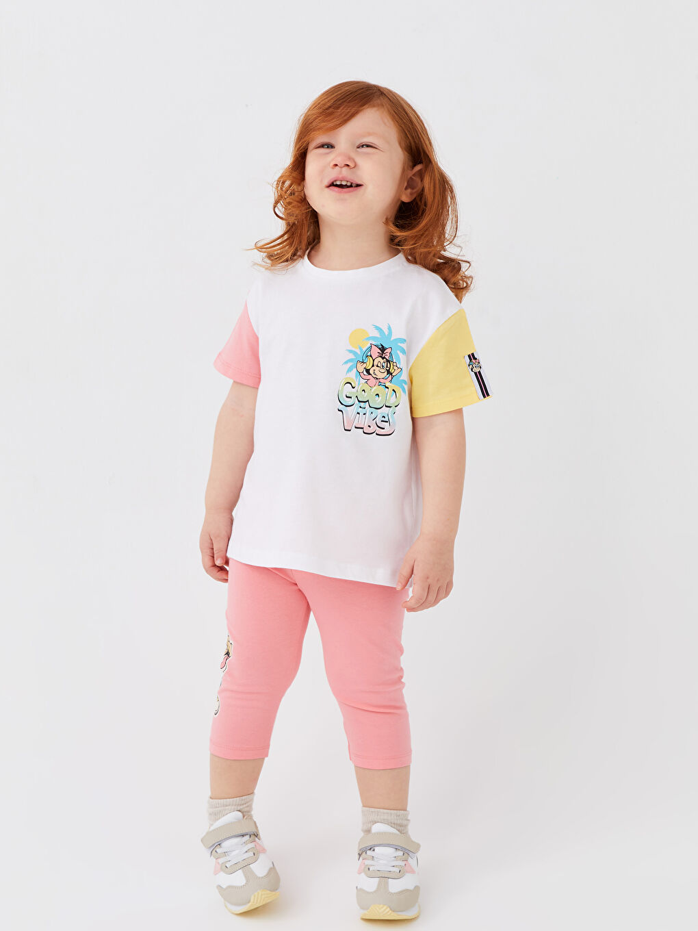 Ekru Bisiklet Yaka Kısa Kollu Nostaljik Maymun Baskılı Kız Bebek Tişört ve Tayt 2'li Takım