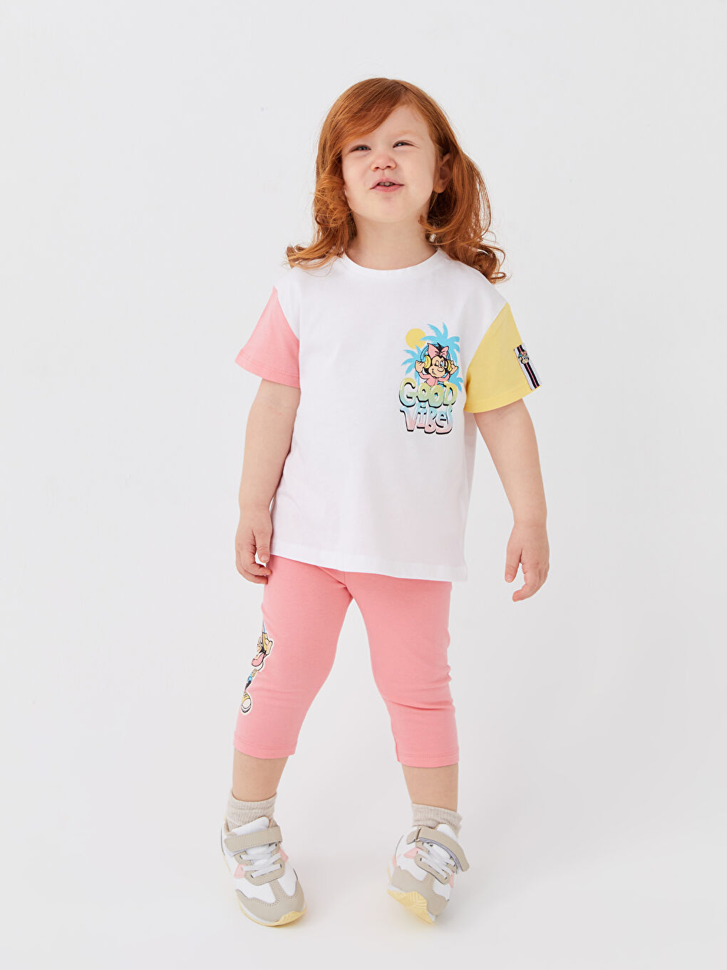 Ekru Bisiklet Yaka Kısa Kollu Nostaljik Maymun Baskılı Kız Bebek Tişört ve Tayt 2'li Takım-1