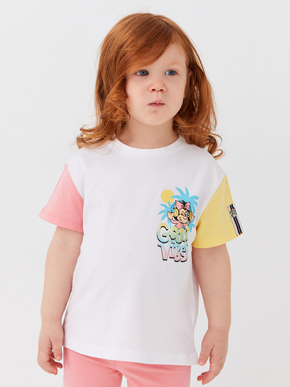 Ekru Bisiklet Yaka Kısa Kollu Nostaljik Maymun Baskılı Kız Bebek Tişört ve Tayt 2'li Takım-2