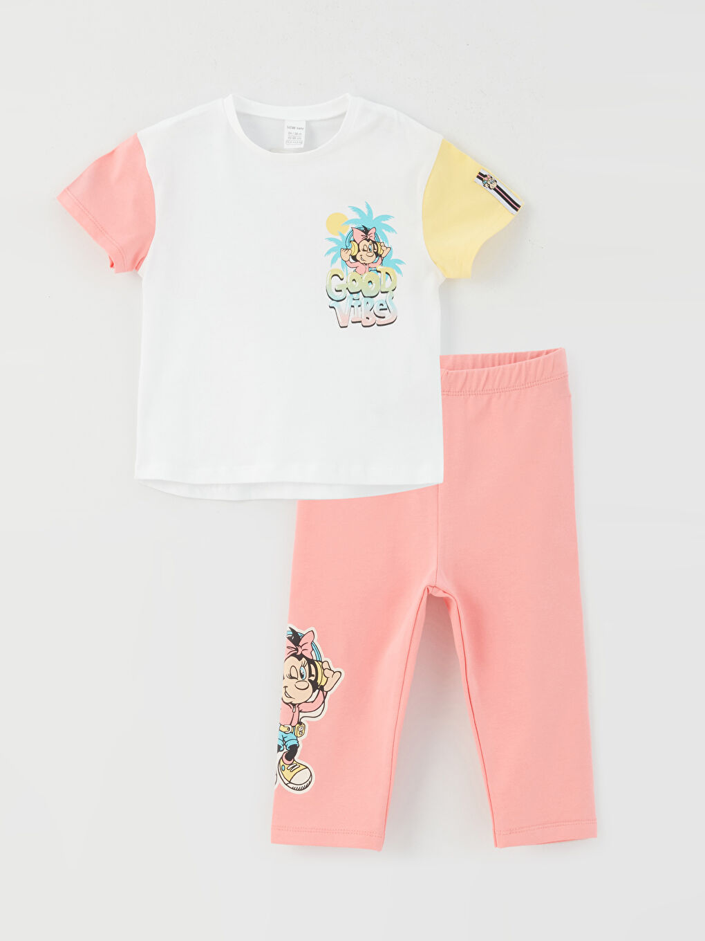 Ekru Bisiklet Yaka Kısa Kollu Nostaljik Maymun Baskılı Kız Bebek Tişört ve Tayt 2'li Takım-3