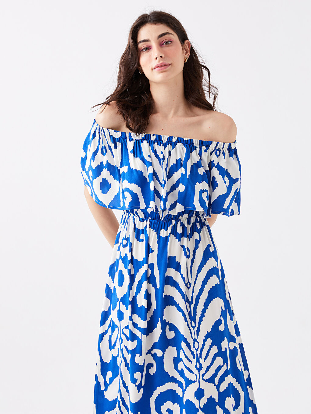Boat Neck Patterned Short Sleeve Women's Dress -S3HR55Z8-LQQ