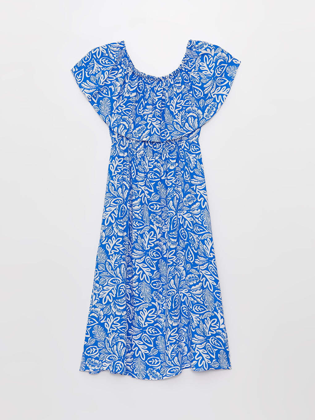 Mavi Kayık Yaka Desenli Kısa Kollu Kadın Elbise-5