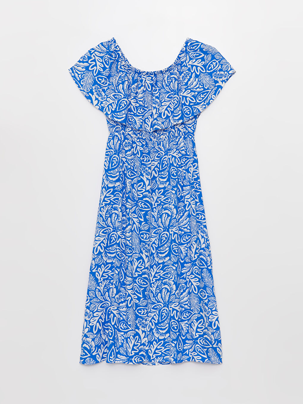 Mavi Kayık Yaka Desenli Kısa Kollu Kadın Elbise-6