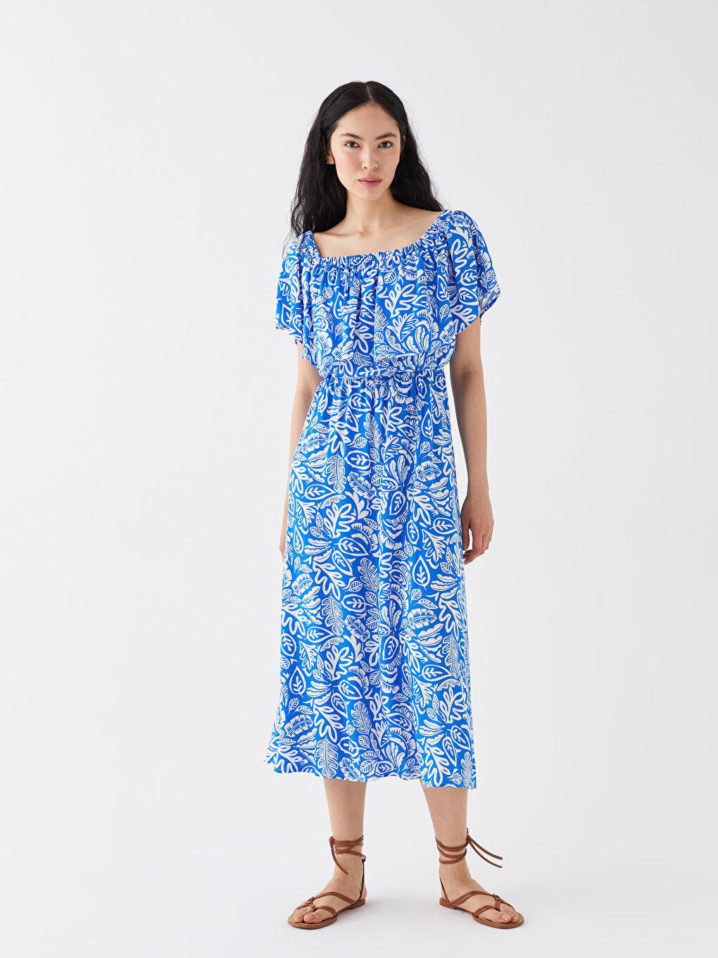 Mavi Kayık Yaka Desenli Kısa Kollu Kadın Elbise