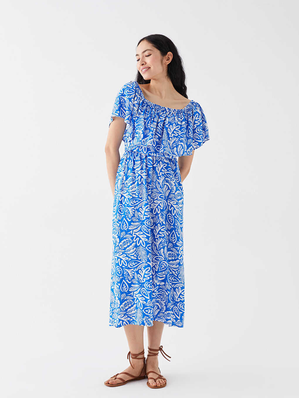 Mavi Kayık Yaka Desenli Kısa Kollu Kadın Elbise-1