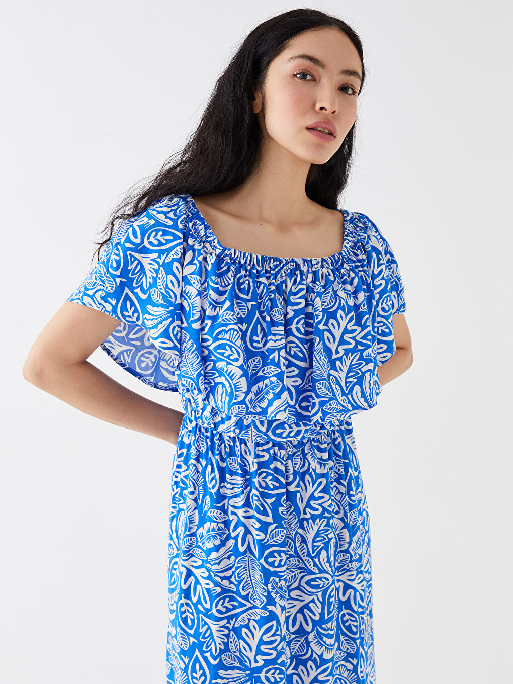 Mavi Kayık Yaka Desenli Kısa Kollu Kadın Elbise-2