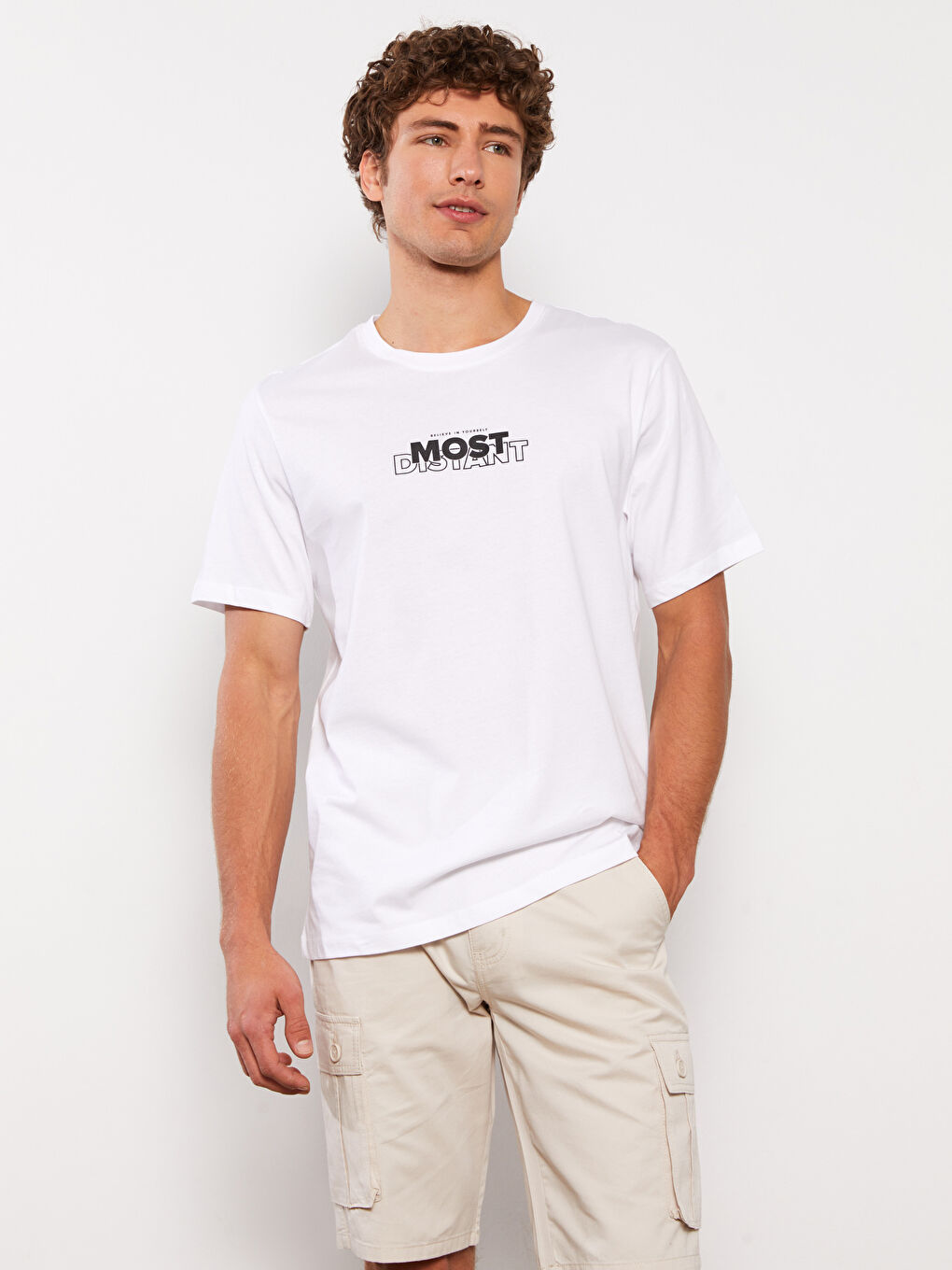 Beyaz Bisiklet Yaka Kısa Kollu Baskılı Penye Erkek Tişört-2