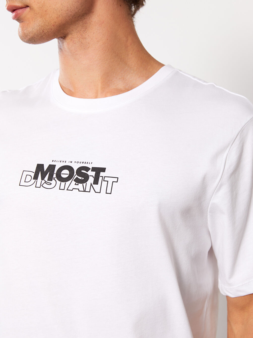 Beyaz Bisiklet Yaka Kısa Kollu Baskılı Penye Erkek Tişört-3