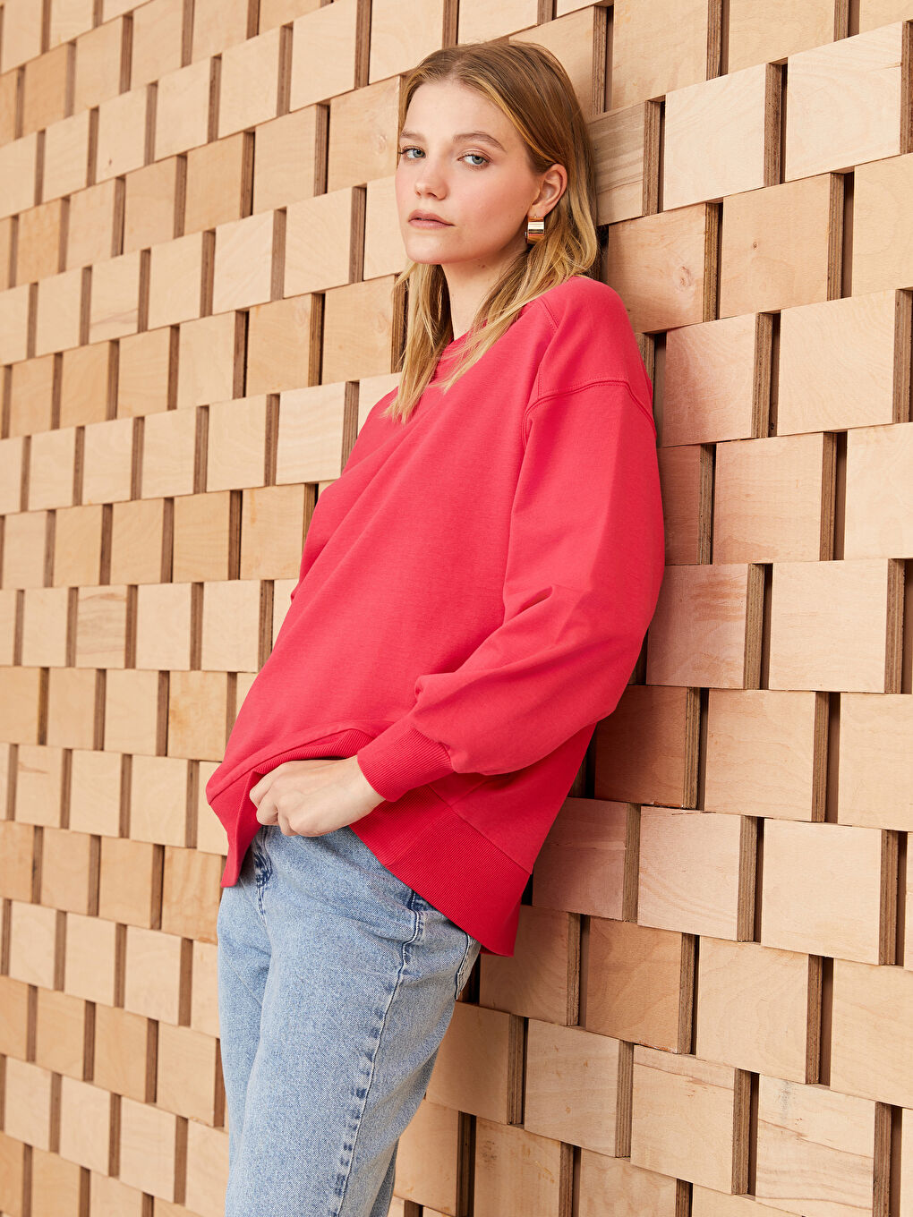 Fuşya Bisiklet Yaka Oversize Kadın Sweatshirt