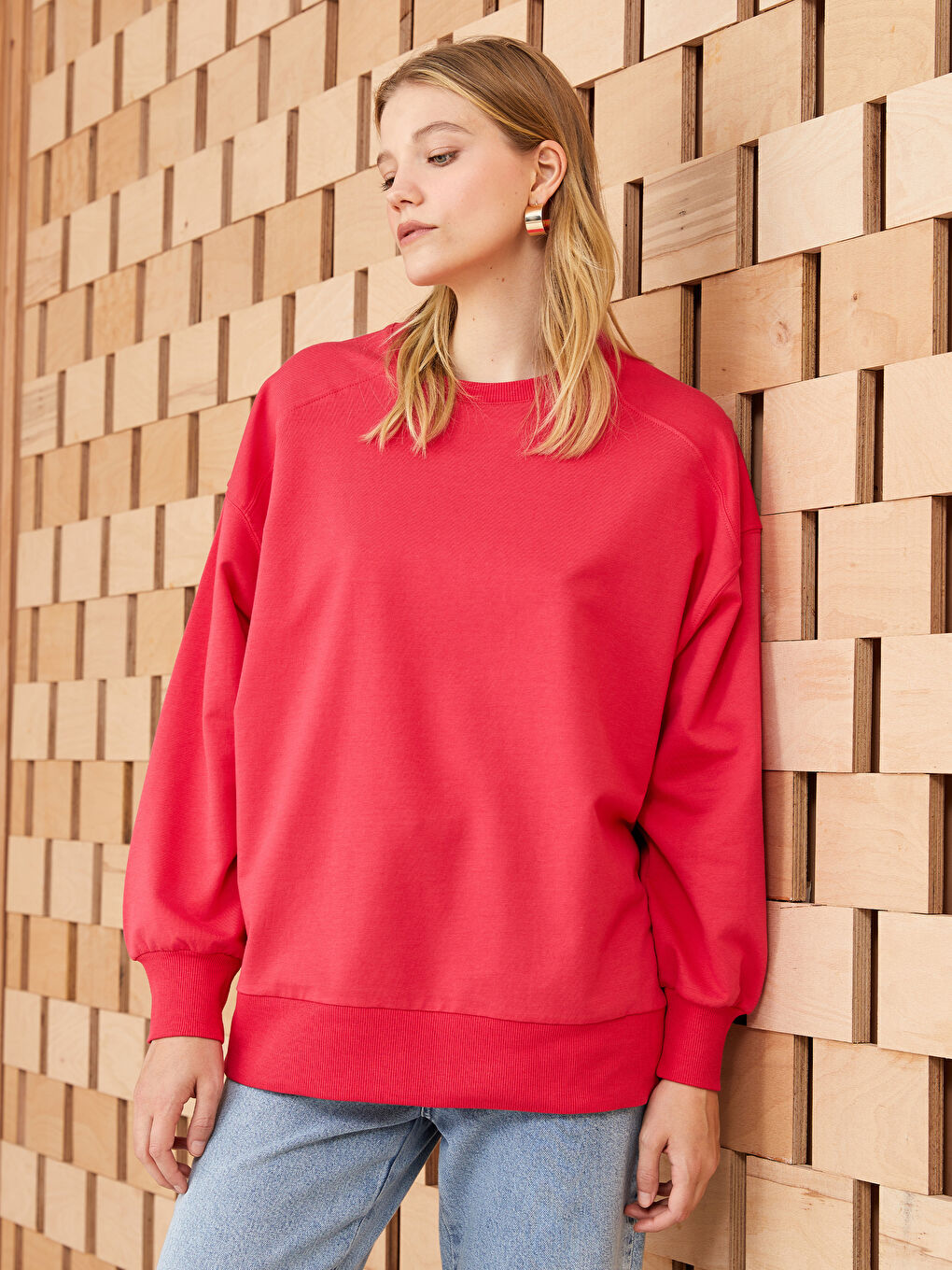 Fuşya Bisiklet Yaka Oversize Kadın Sweatshirt-1