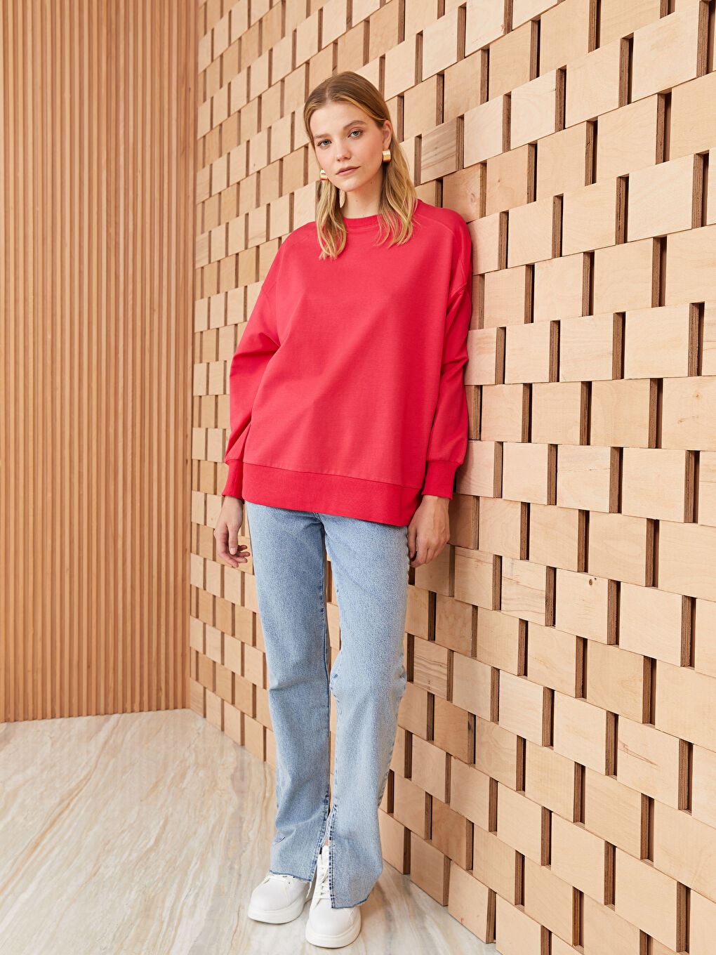 Fuşya Bisiklet Yaka Oversize Kadın Sweatshirt-2