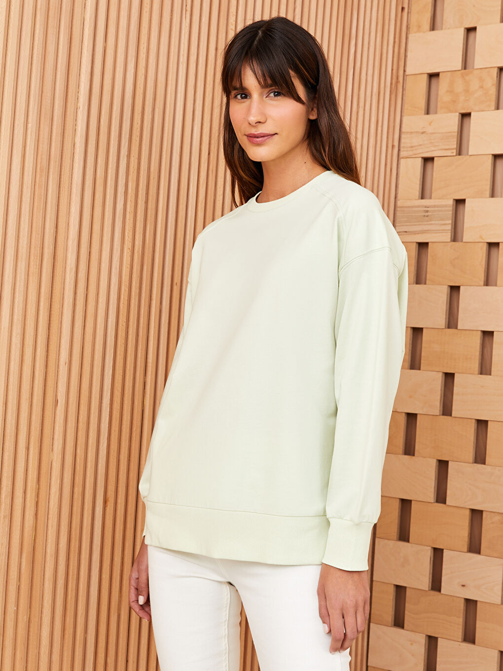 Yeşil Bisiklet Yaka Oversize Kadın Sweatshirt-1