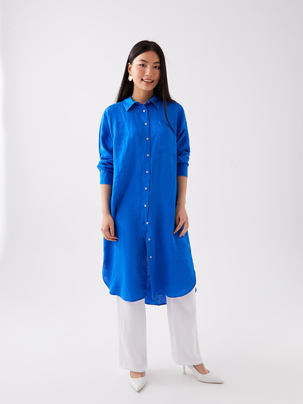 Mavi Oversize %100 Keten Kadın Gömlek Tunik