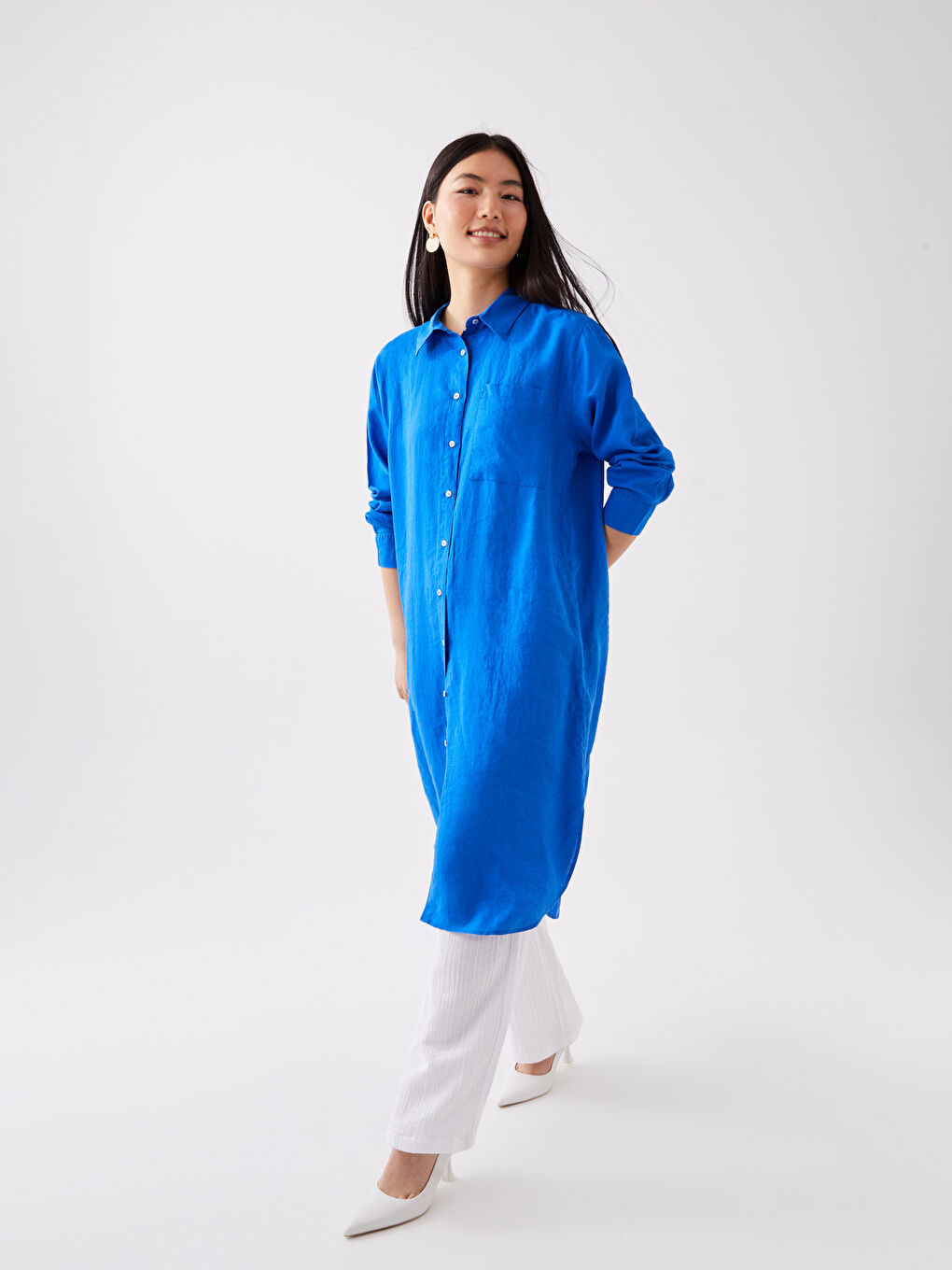 Mavi Oversize %100 Keten Kadın Gömlek Tunik-2