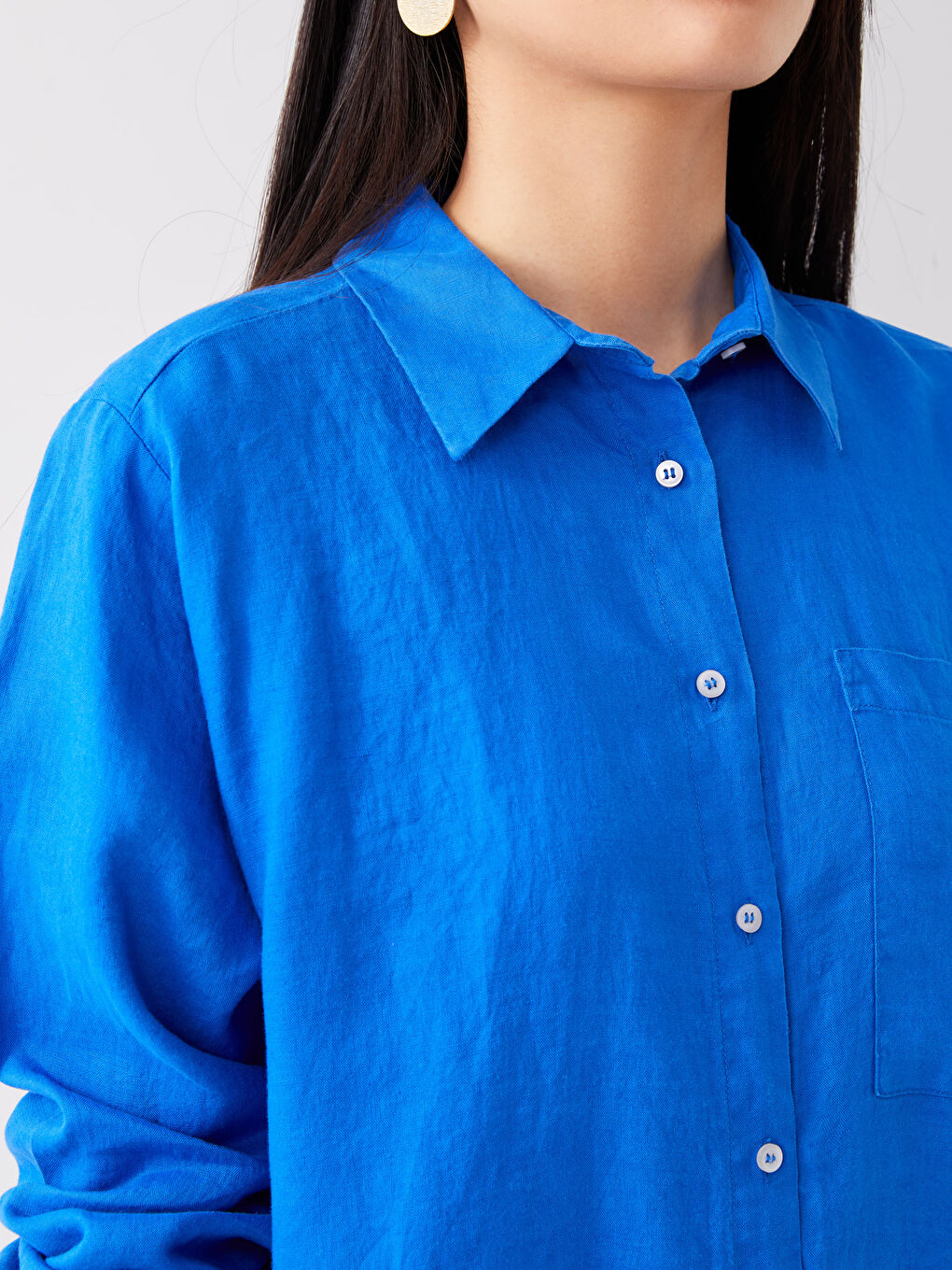 Mavi Oversize %100 Keten Kadın Gömlek Tunik-3