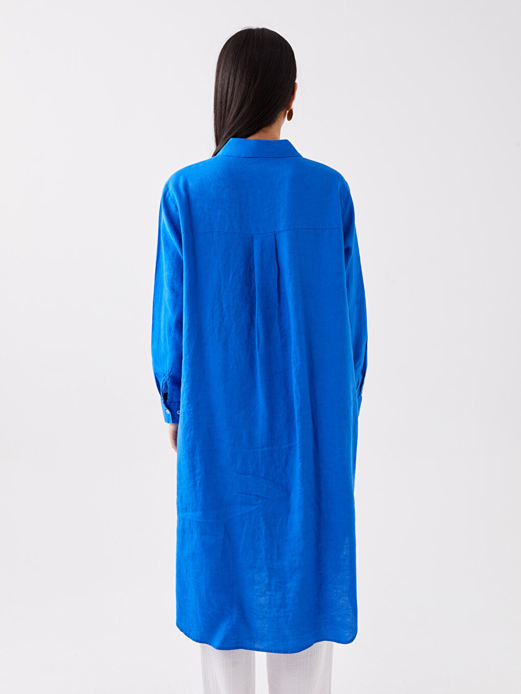 Mavi Oversize %100 Keten Kadın Gömlek Tunik-4