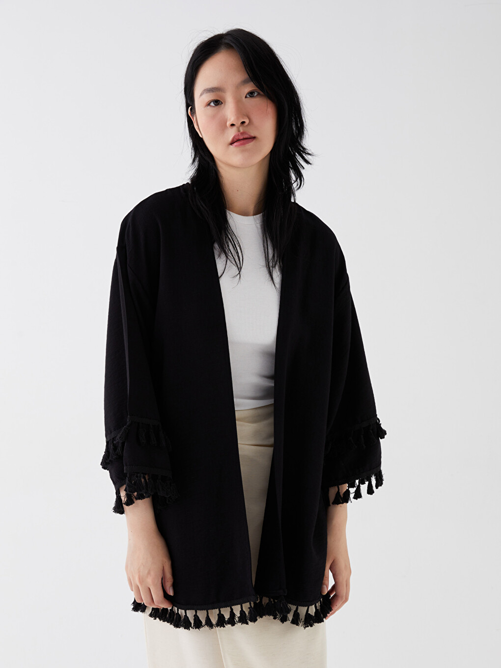 Siyah Şal Yaka Düz Oversize Keten Görünümlü Kadın Kimono