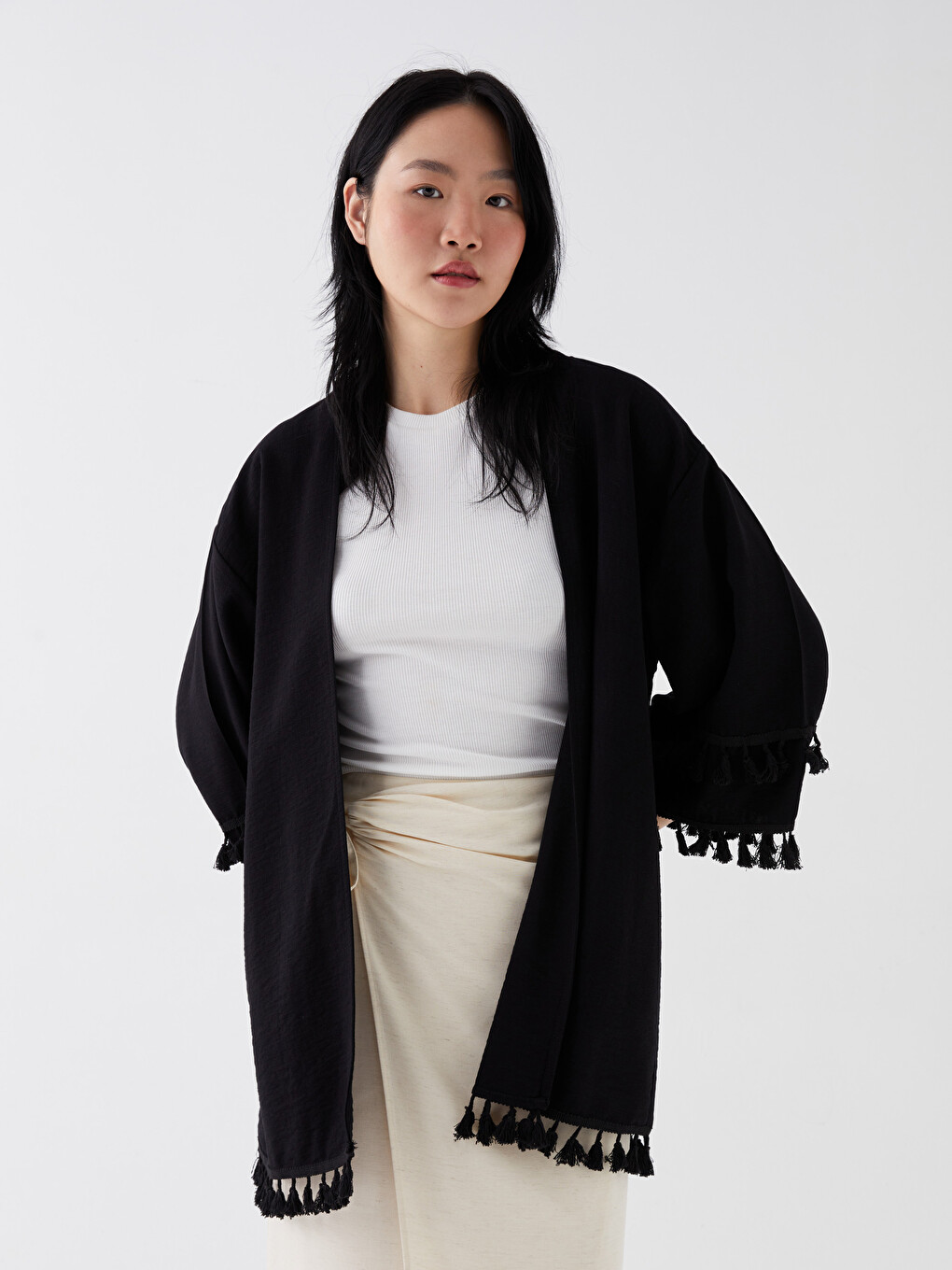 Siyah Şal Yaka Düz Oversize Keten Görünümlü Kadın Kimono-1
