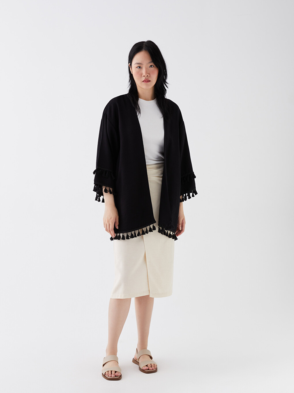 Siyah Şal Yaka Düz Oversize Keten Görünümlü Kadın Kimono-2