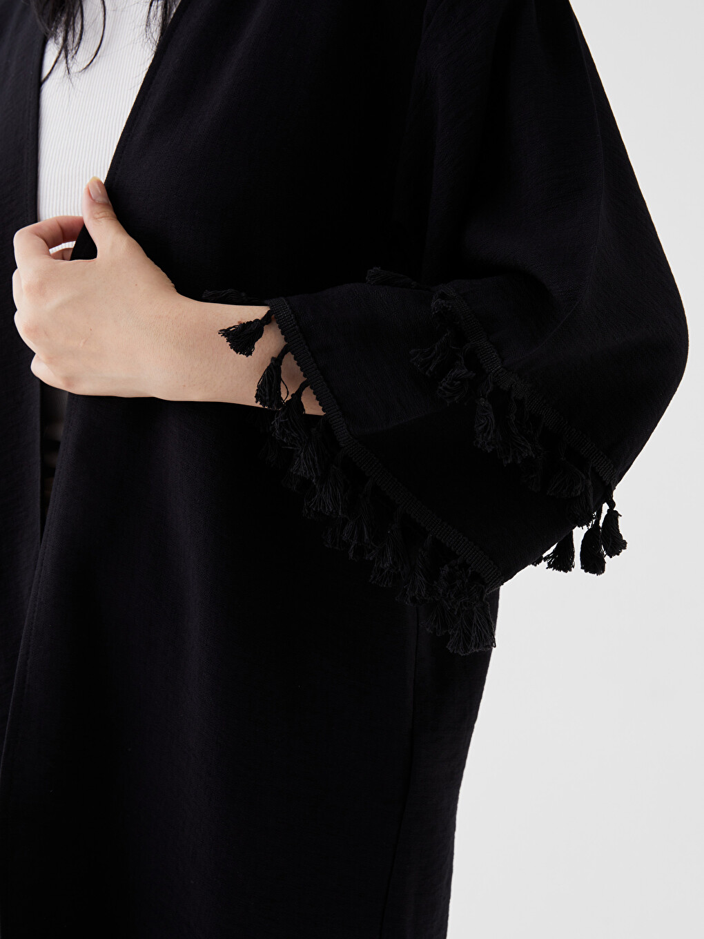 Siyah Şal Yaka Düz Oversize Keten Görünümlü Kadın Kimono-3
