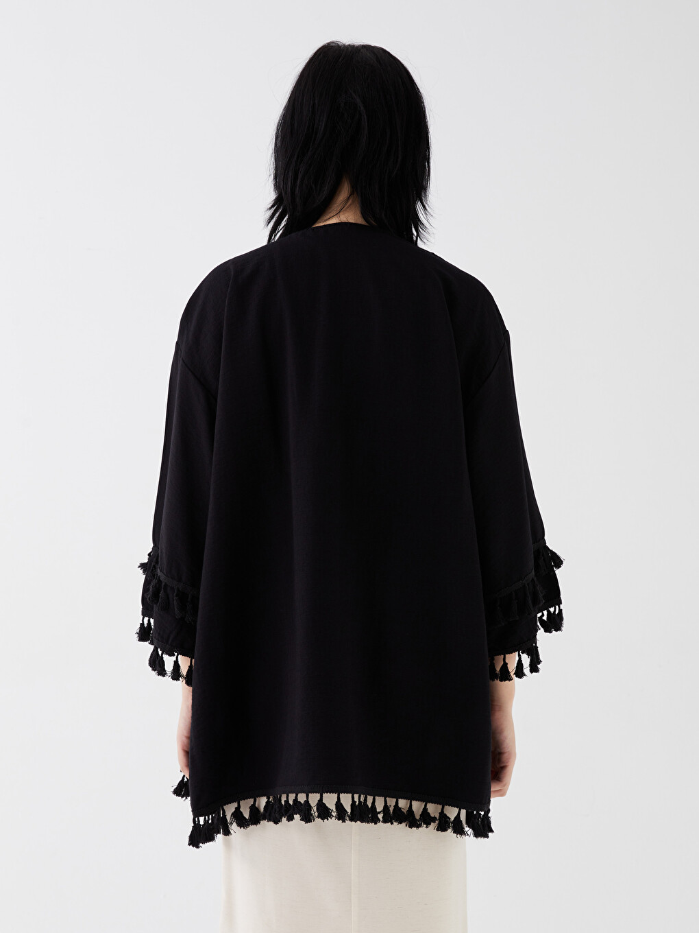 Siyah Şal Yaka Düz Oversize Keten Görünümlü Kadın Kimono-4