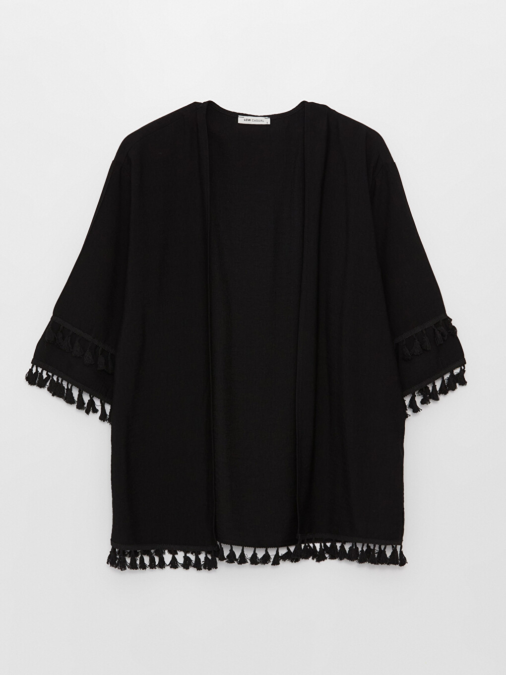 Siyah Şal Yaka Düz Oversize Keten Görünümlü Kadın Kimono-5