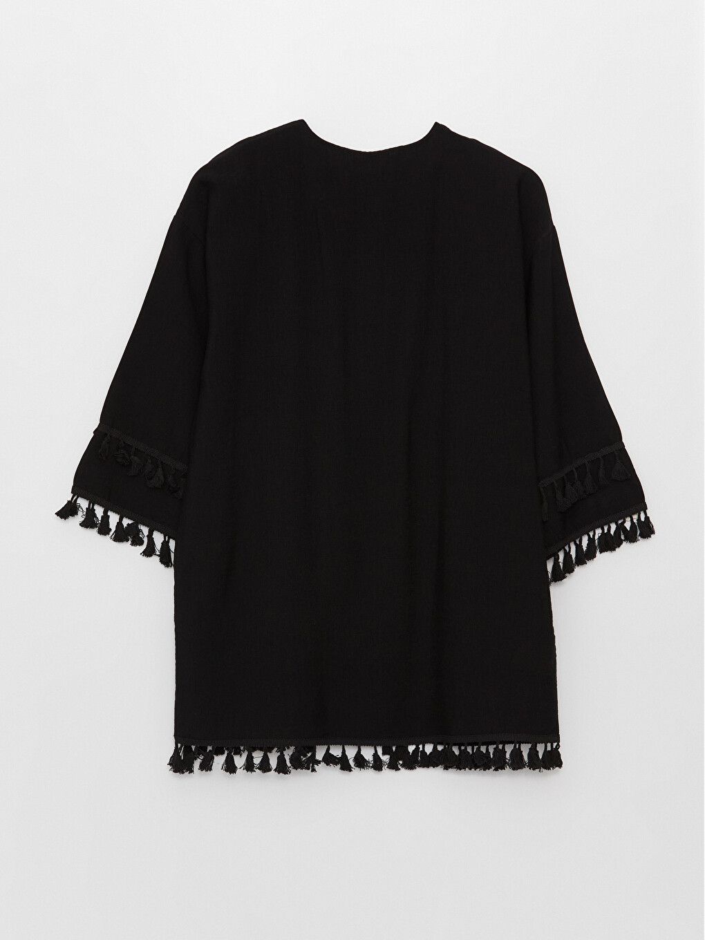 Siyah Şal Yaka Düz Oversize Keten Görünümlü Kadın Kimono-6