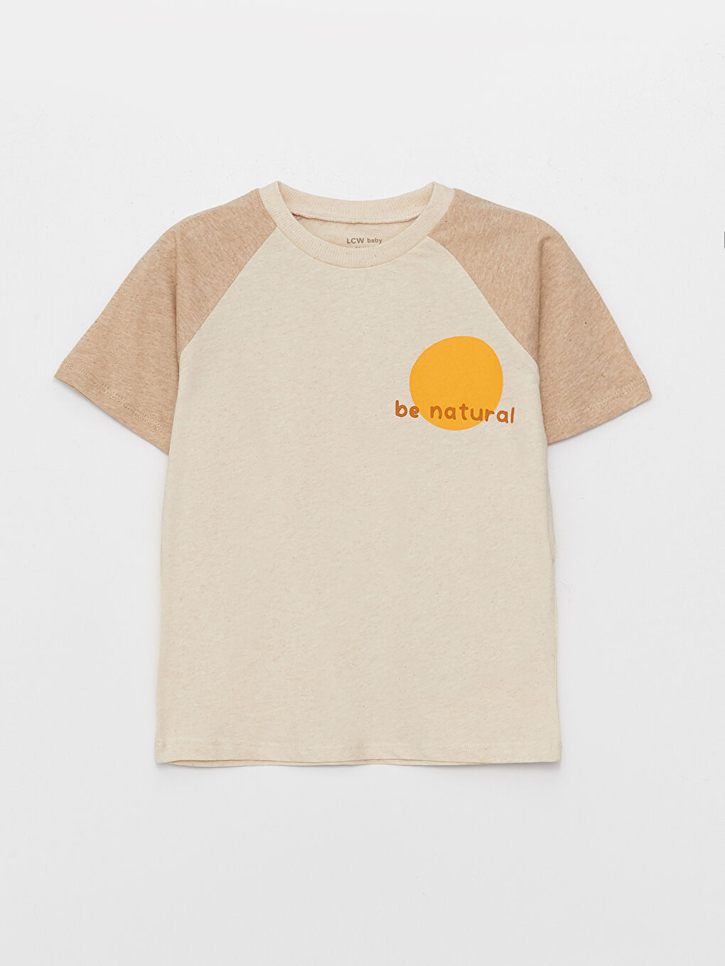 Bej Bisiklet Yaka Kısa Kollu Baskılı Erkek Tişört-3