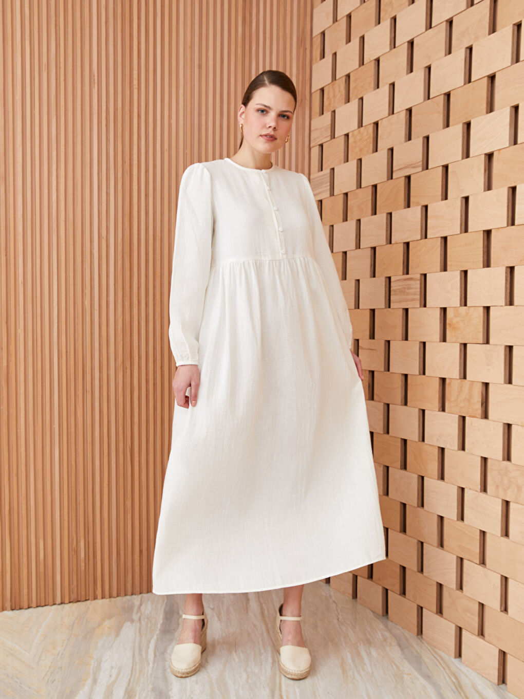 Ekru Bisiklet Yaka Düz Uzun Kollu Kadın Elbise