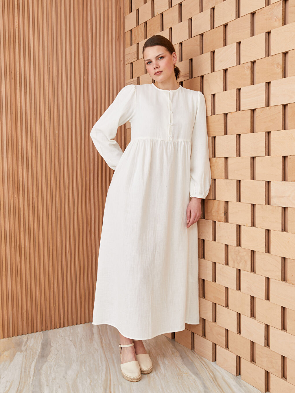 Ekru Bisiklet Yaka Düz Uzun Kollu Kadın Elbise-1