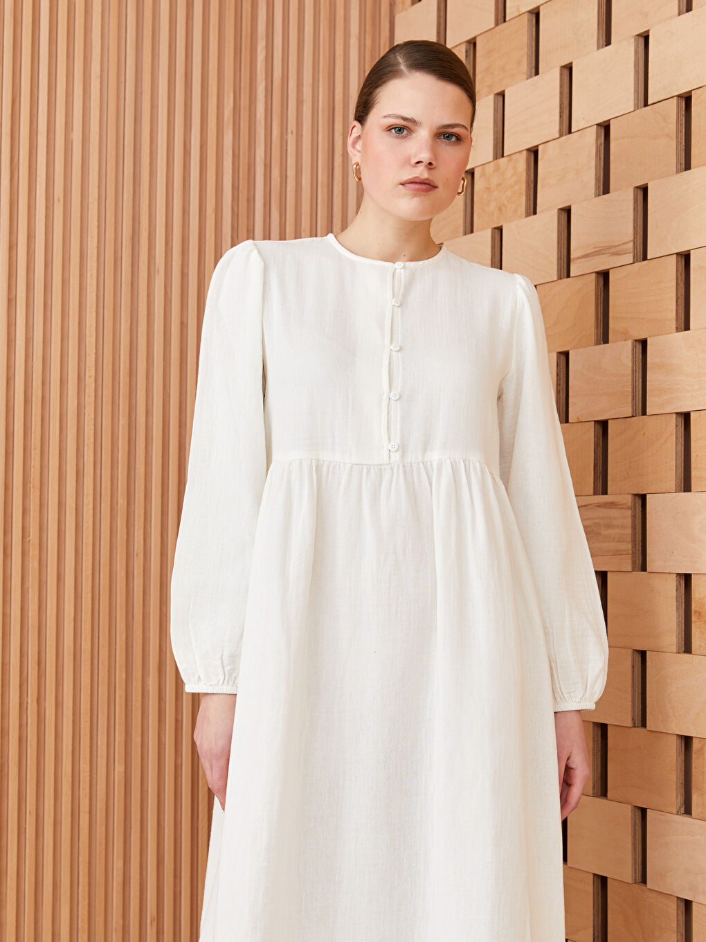 Ekru Bisiklet Yaka Düz Uzun Kollu Kadın Elbise-2